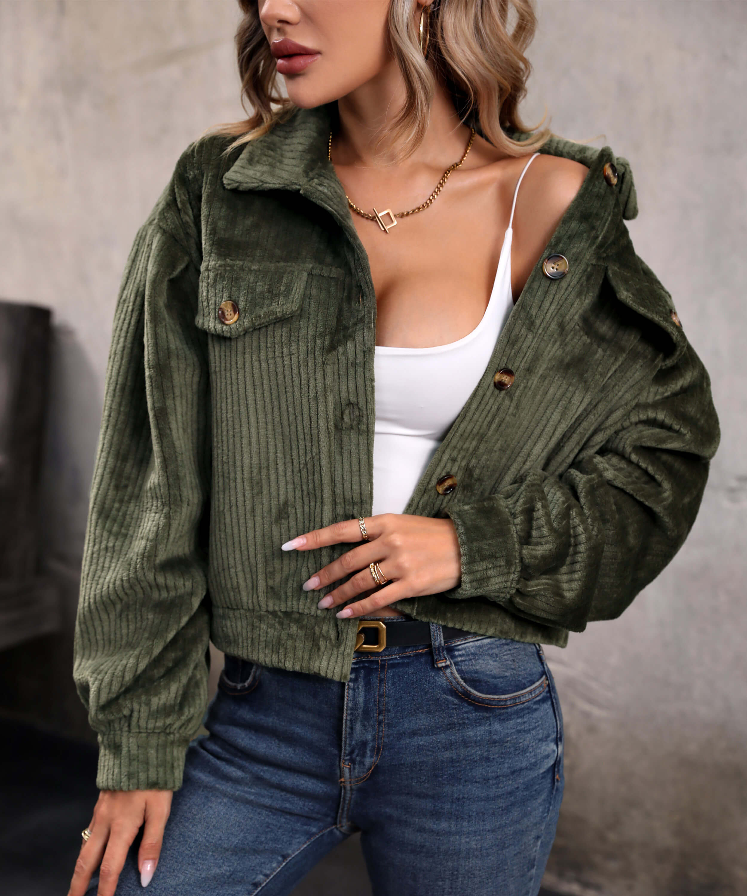 Sabrina Cropped Corduroy Shacket - Olive