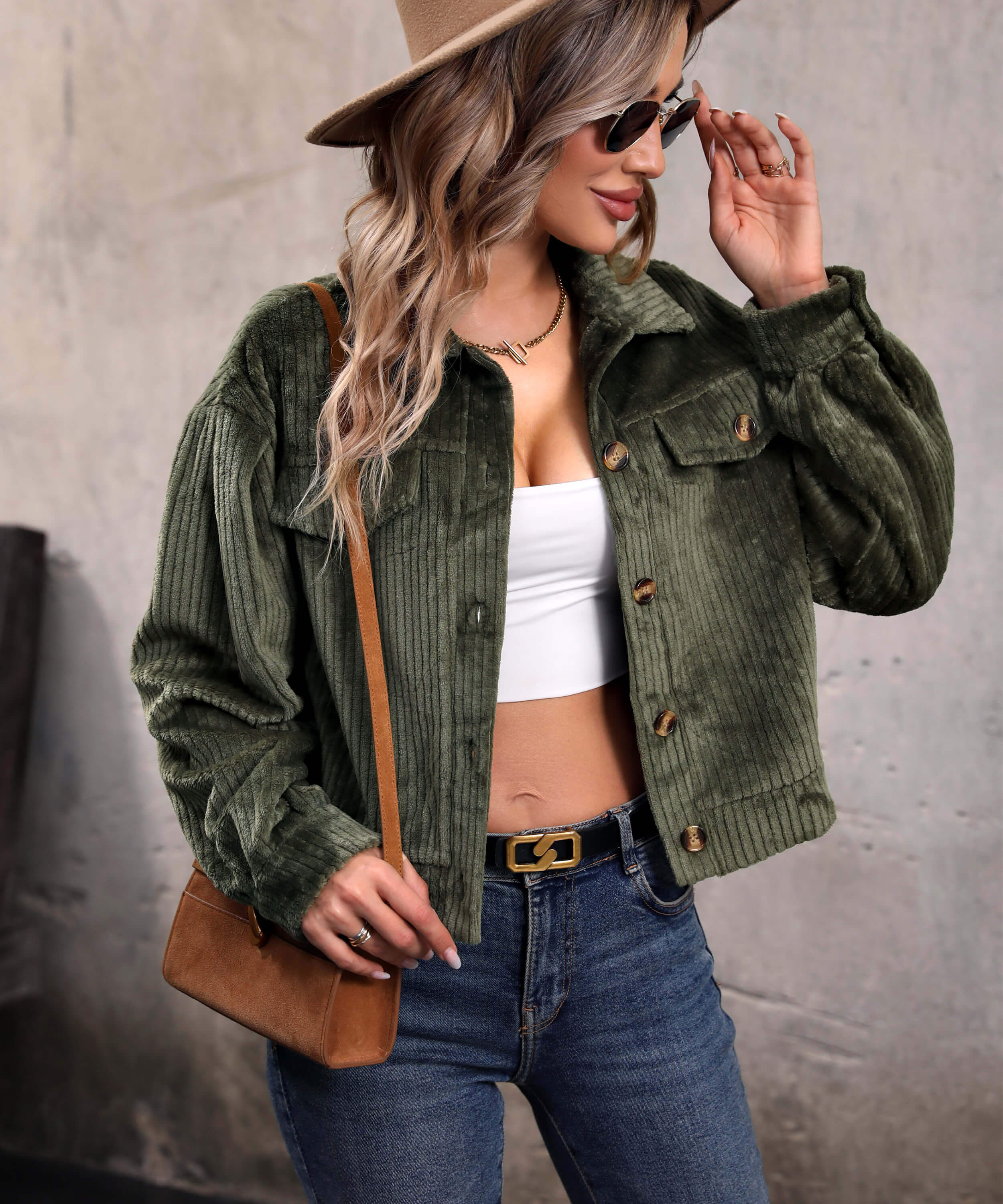 Sabrina Cropped Corduroy Shacket - Olive