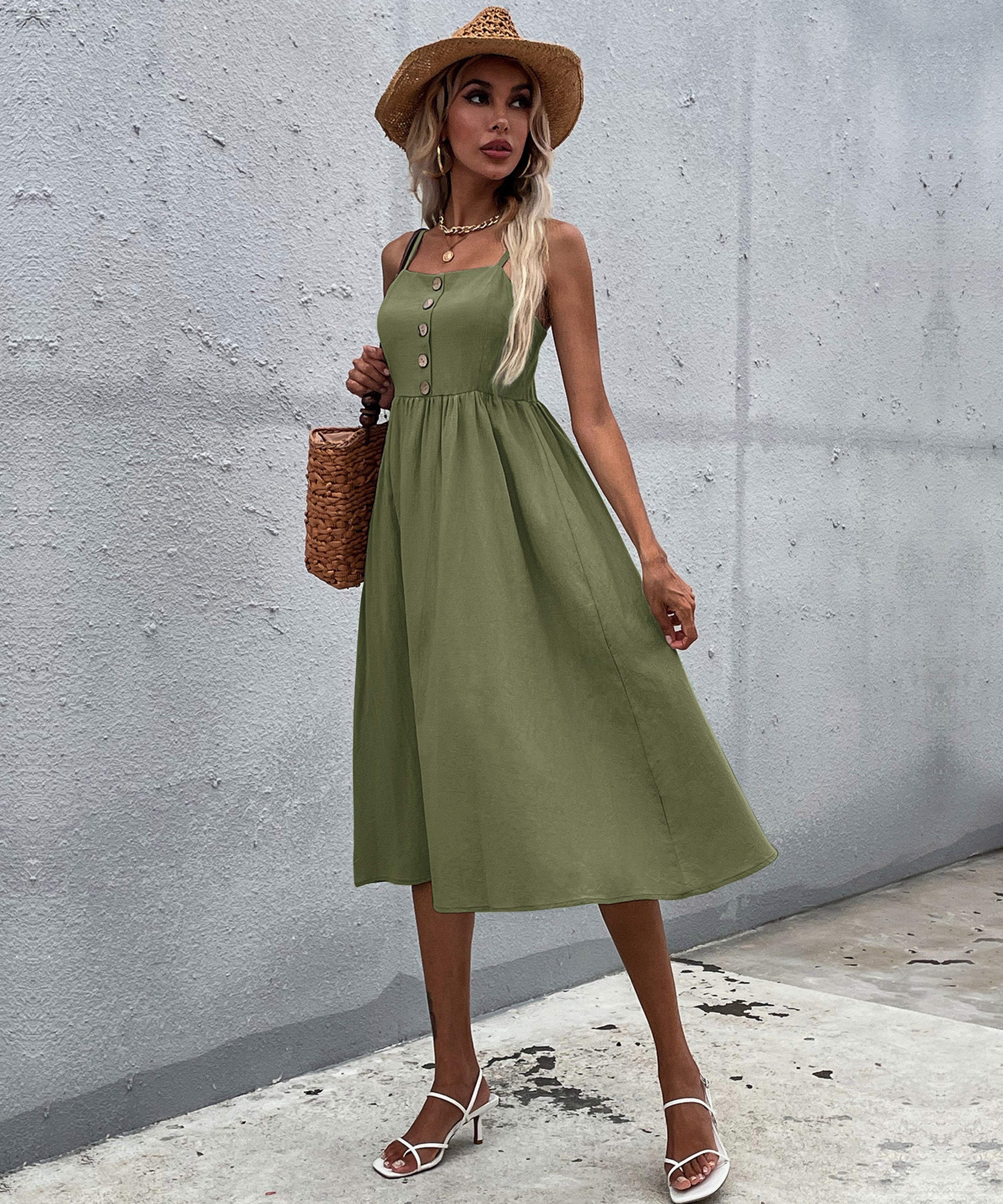 LINDSAY Linen Blend Dress - Army Green