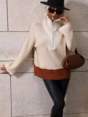 MIND AT EASE KNIT HALF ZIP PULLOVER - BEIGE