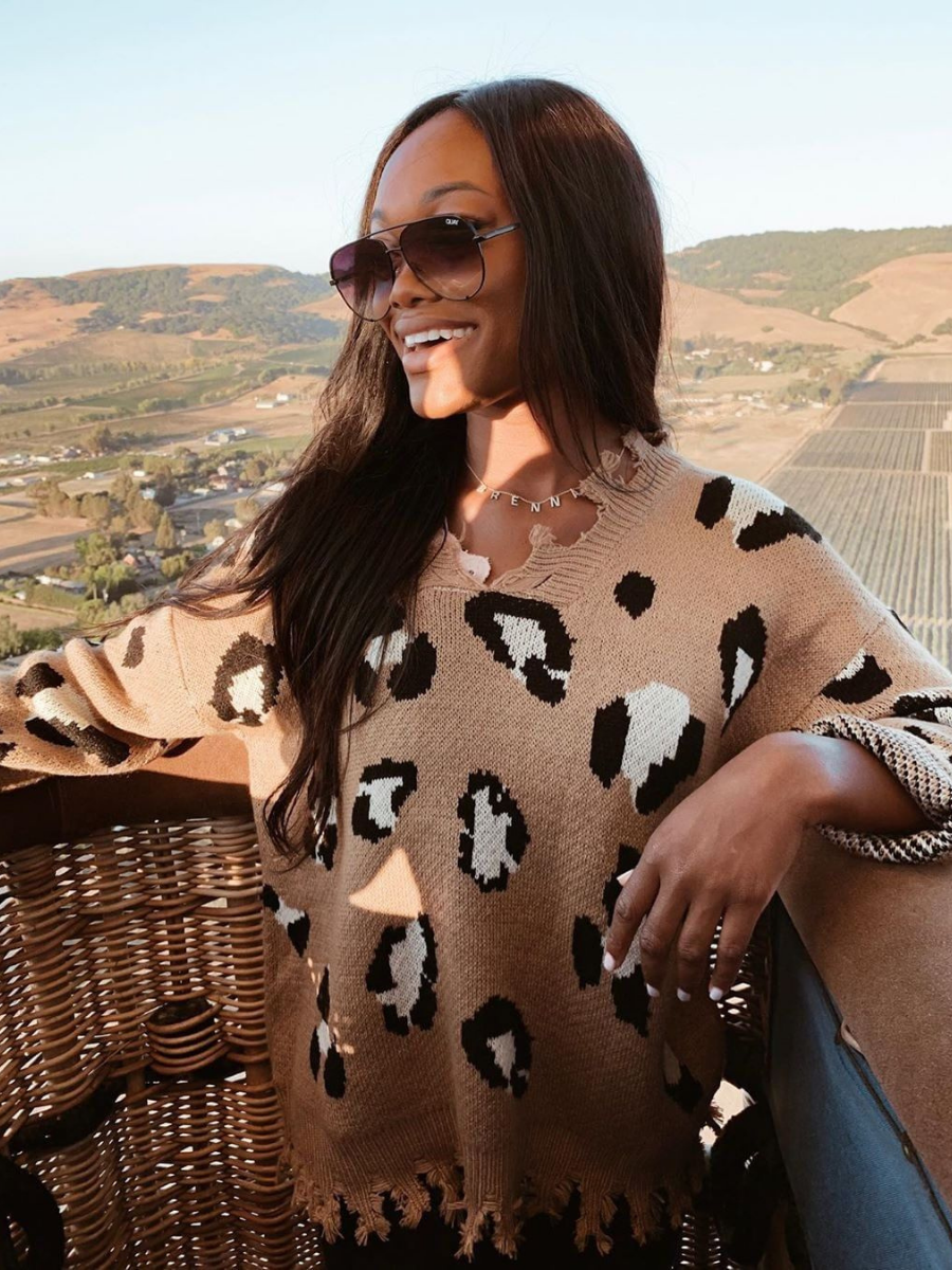 Cheetah V-Neck Ripped Collar & Sleeve Knit Pullover - Beige