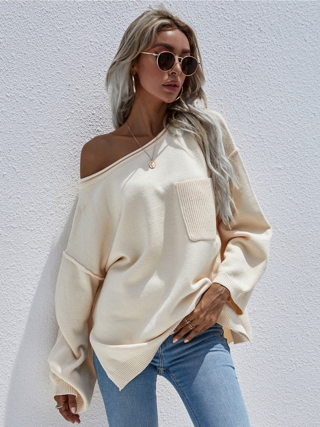 DORETTA Beige Oversized Front Pocket Knit Sweater