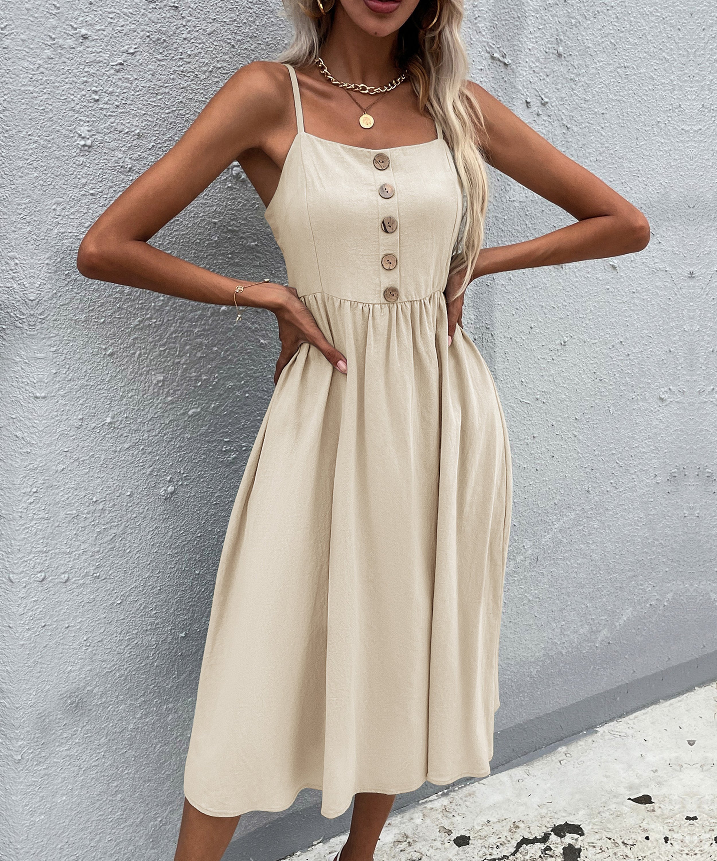 LINDSAY Linen Blend Dress - Beige