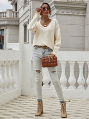 DARIUS Drop Shoulder V-neck Knit Top - Beige