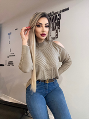 Beige Shoulder Cut-Out Knit Sweater