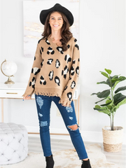 Cheetah V-Neck Ripped Collar & Sleeve Knit Pullover - Beige