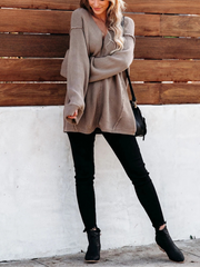 MACHE Low V-Neck Oversize Sleeve Knit Top - Beige