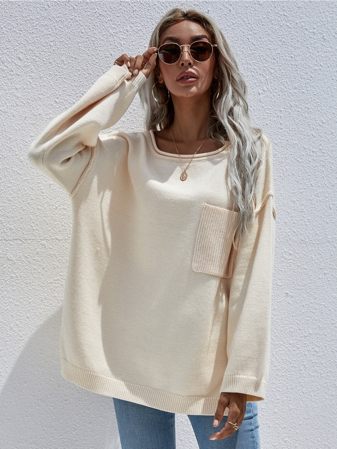 DORETTA Beige Oversized Front Pocket Knit Sweater