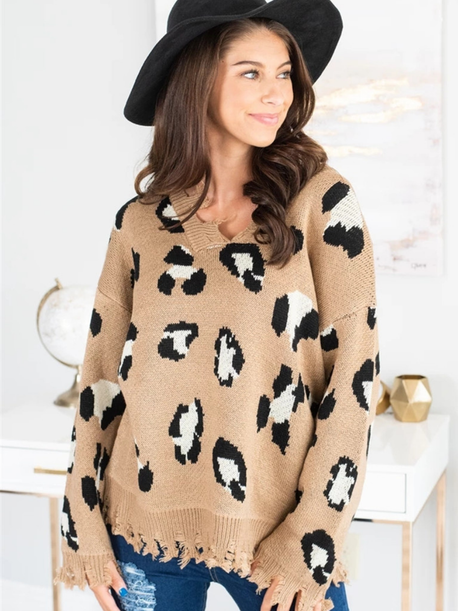Cheetah V-Neck Ripped Collar & Sleeve Knit Pullover - Beige