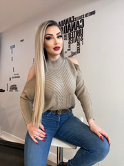 Beige Shoulder Cut-Out Knit Sweater