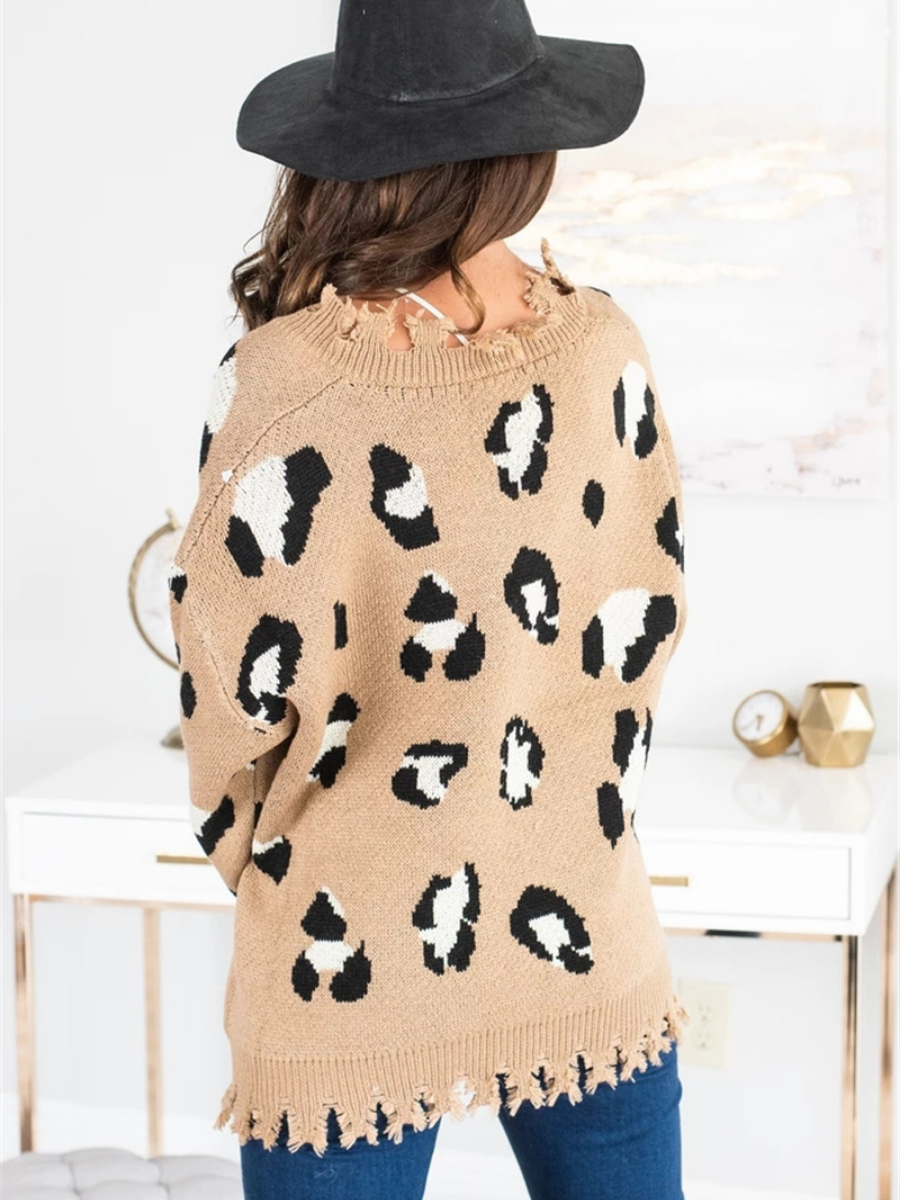 Cheetah V-Neck Ripped Collar & Sleeve Knit Pullover - Beige