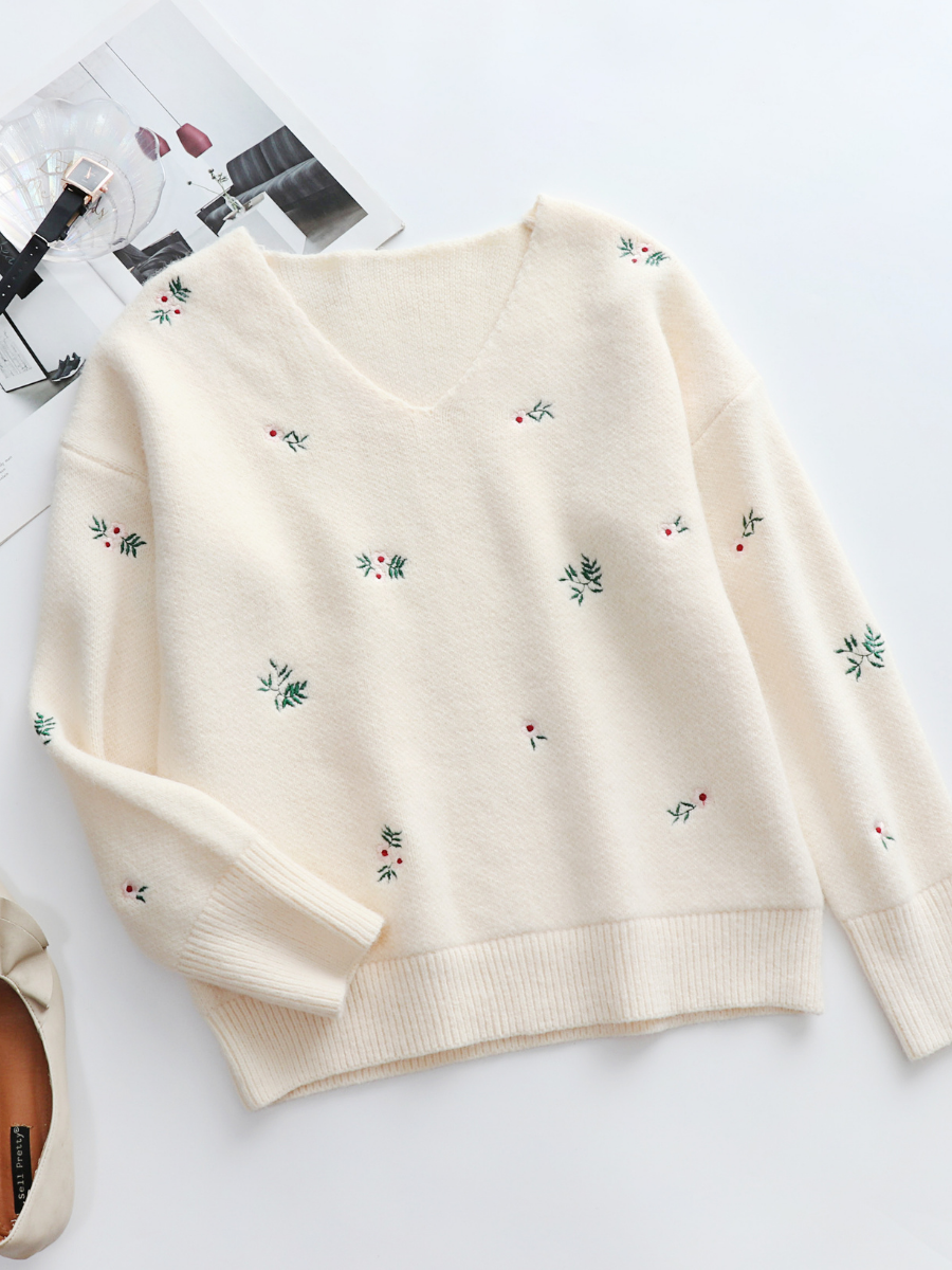 Beige Wide V-neck Daisy Embroidered Knit Sweater