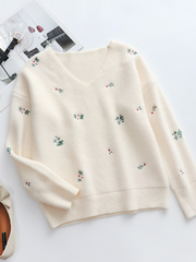 Beige Wide V-neck Daisy Embroidered Knit Sweater
