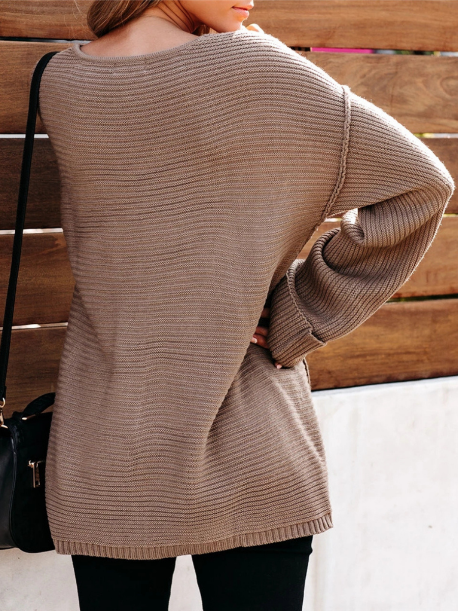 MACHE Low V-Neck Oversize Sleeve Knit Top - Beige