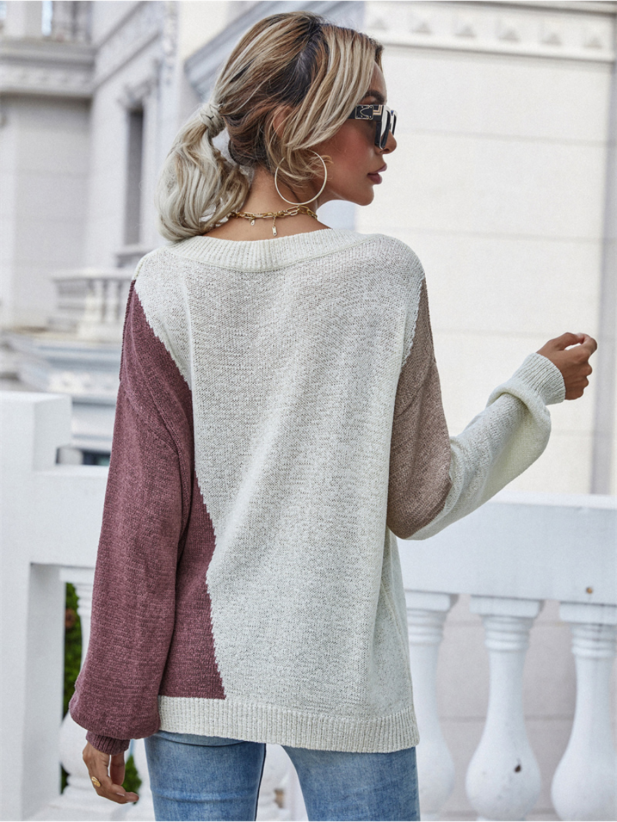 GRANIA Two Tone Color Block Knit Sweater - Beige