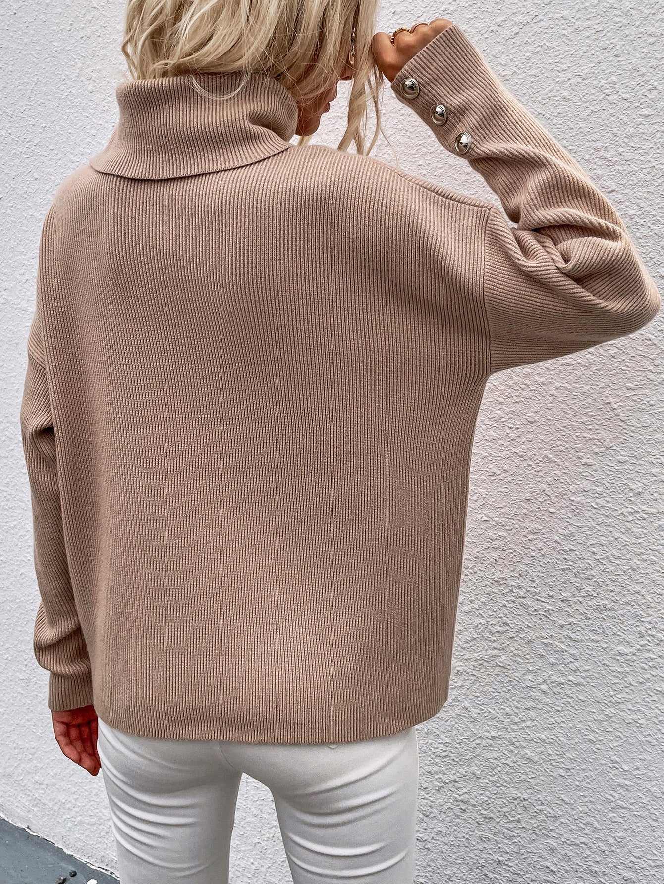 Beige Oversized Collar Turtleneck Knit Sweater