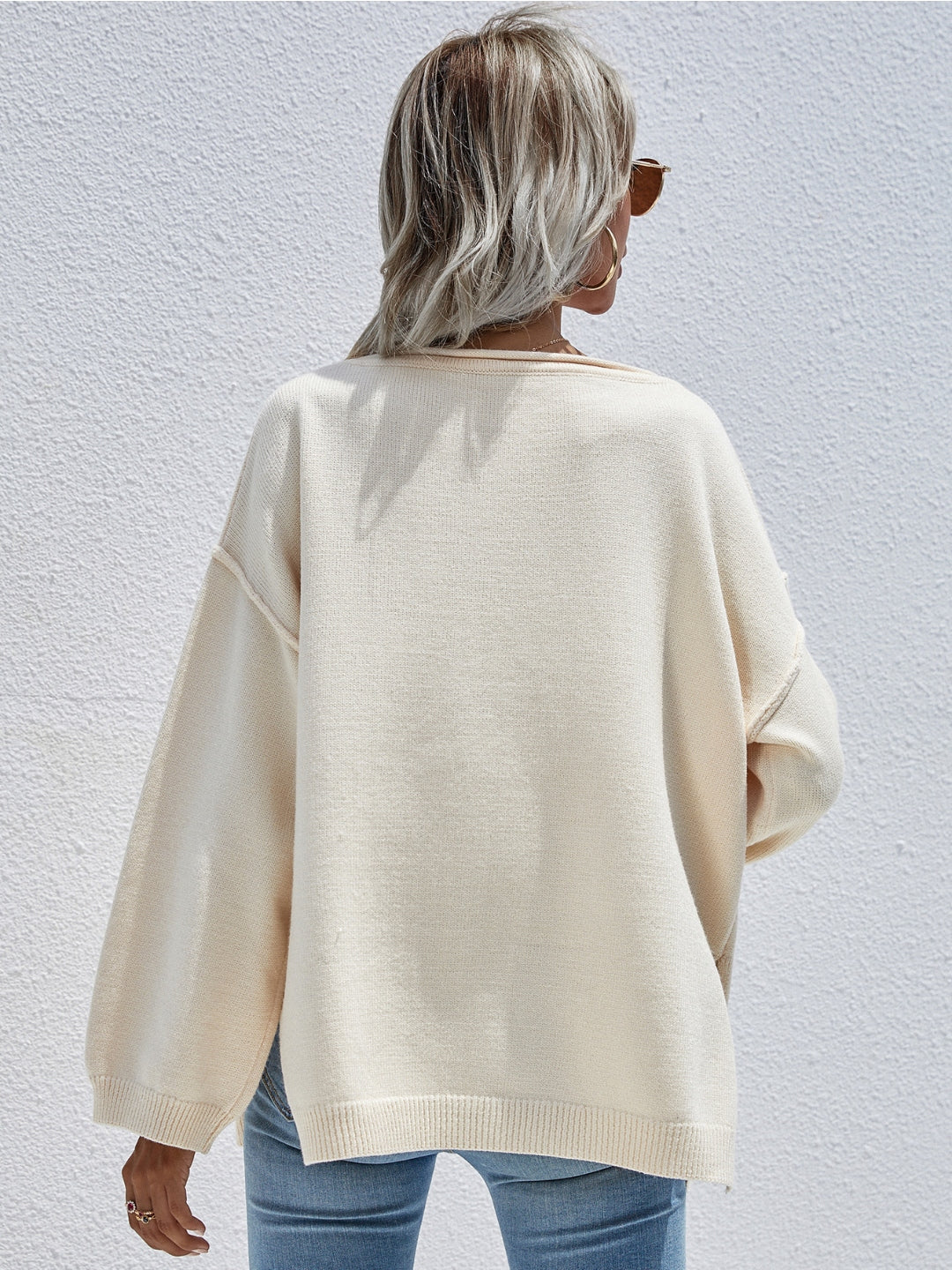 DORETTA Beige Oversized Front Pocket Knit Sweater