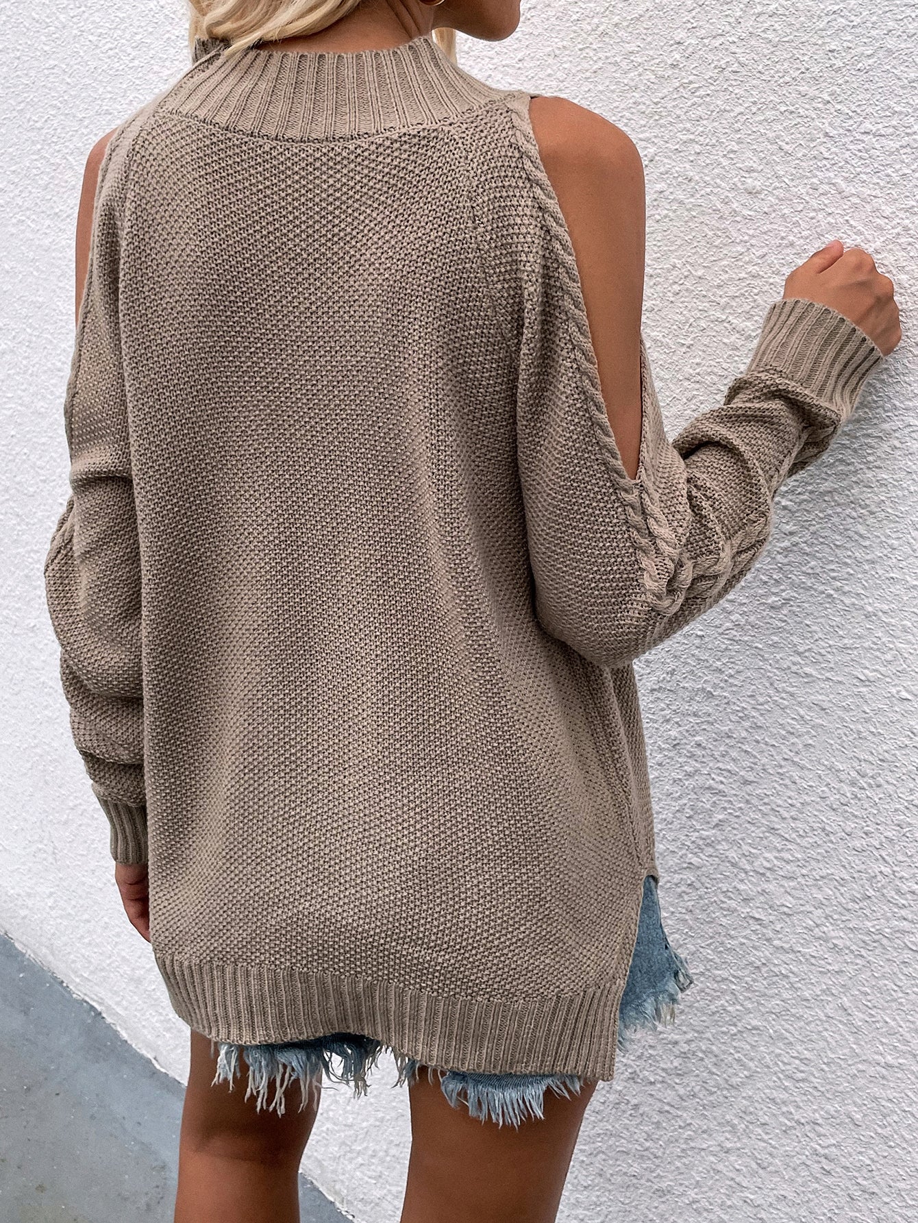 Beige Shoulder Cut-Out Knit Sweater