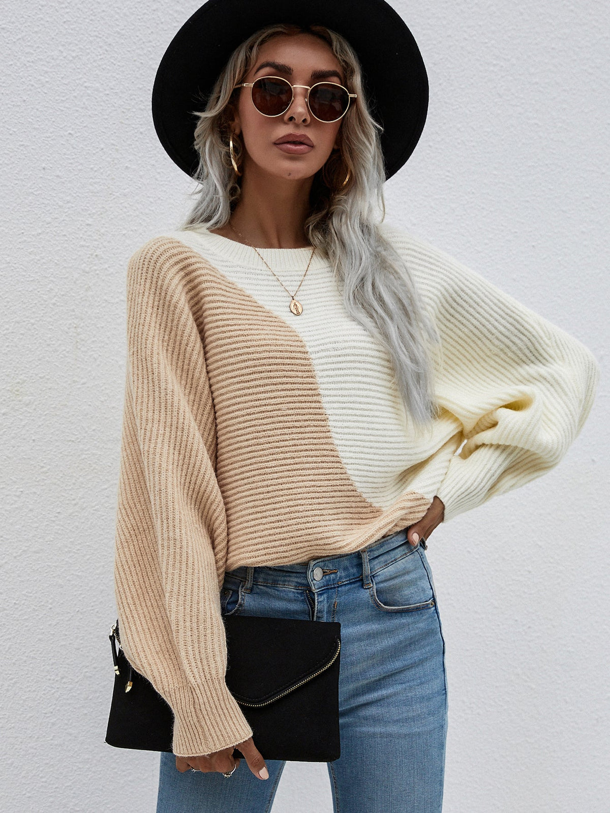 GRANIA Batwing Sleeve Block Color Knit Sweater