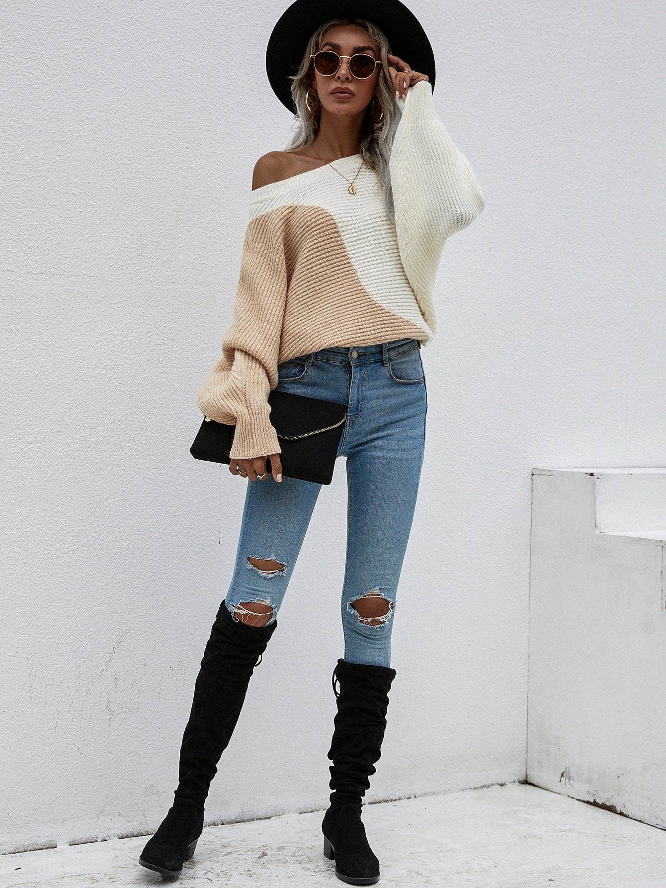 GRANIA Batwing Sleeve Block Color Knit Sweater