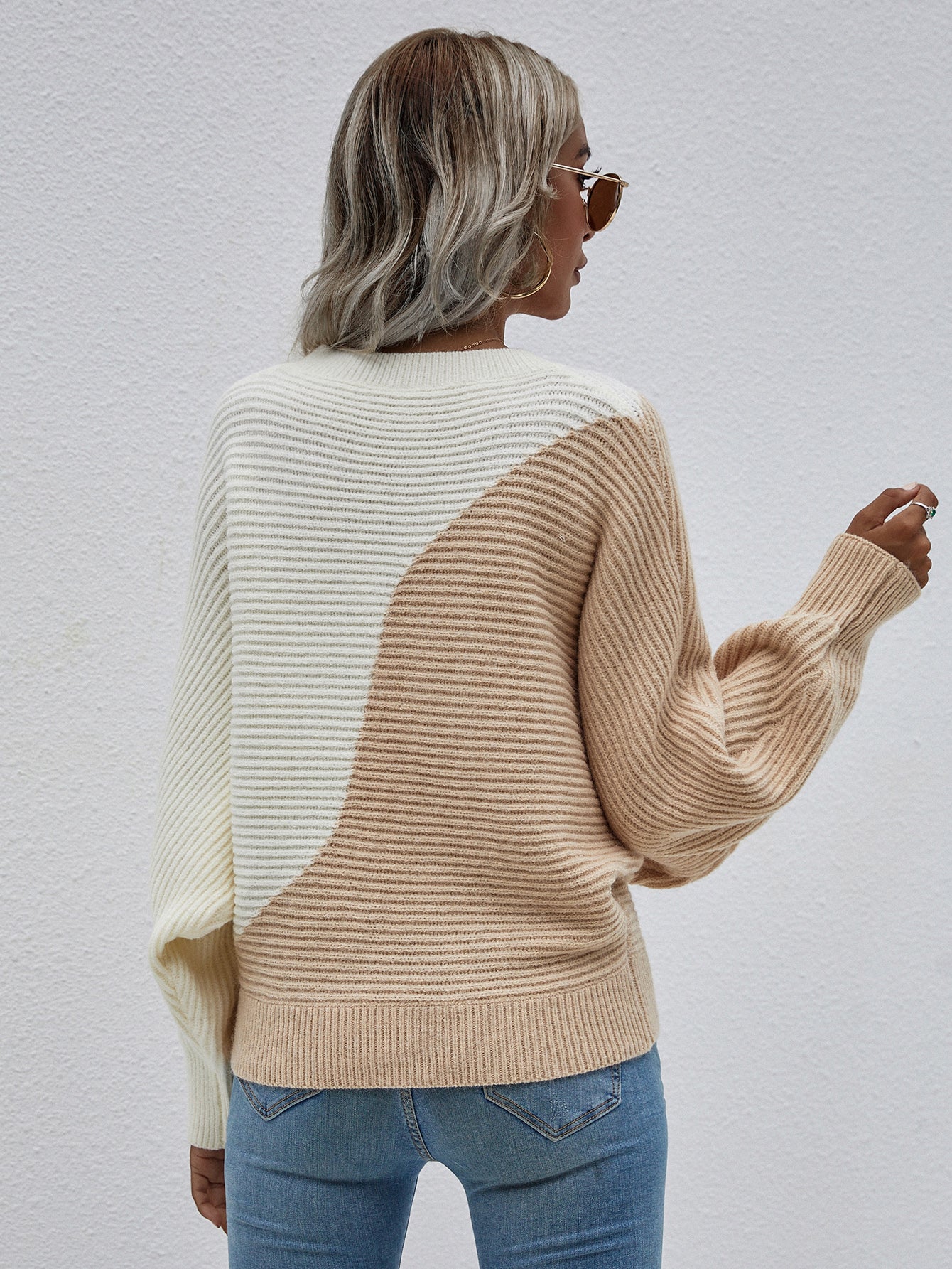 GRANIA Batwing Sleeve Block Color Knit Sweater