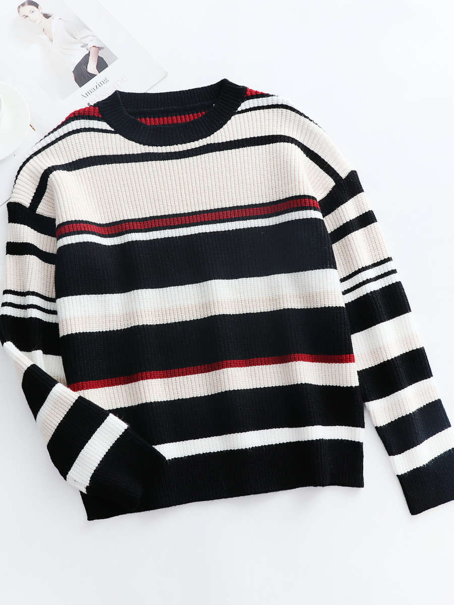 Black White Red Stripe Crew Neck Knit Top