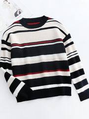Black White Red Stripe Crew Neck Knit Top
