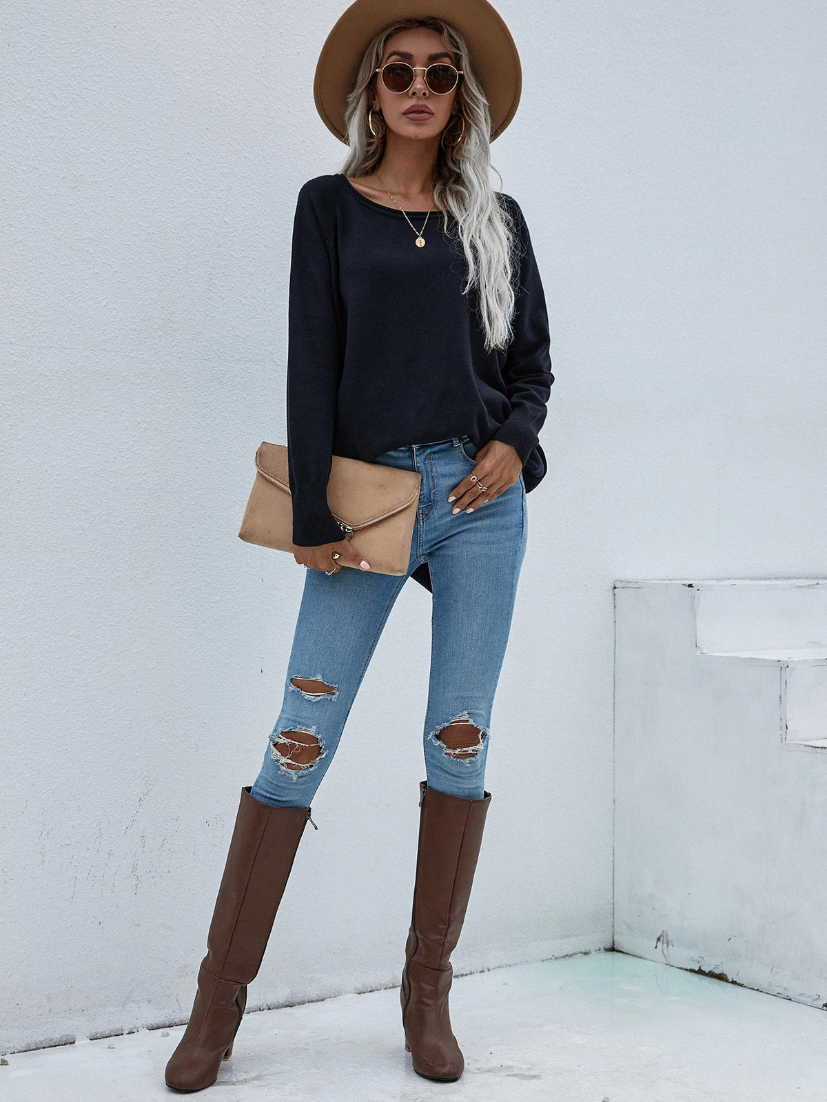 OVERSIZED COLLARED DOWN KNIT SWEATER - BLACK