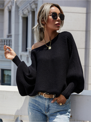 GISELE Lantern Sleeve Tighten Cuff Knit Top - Black