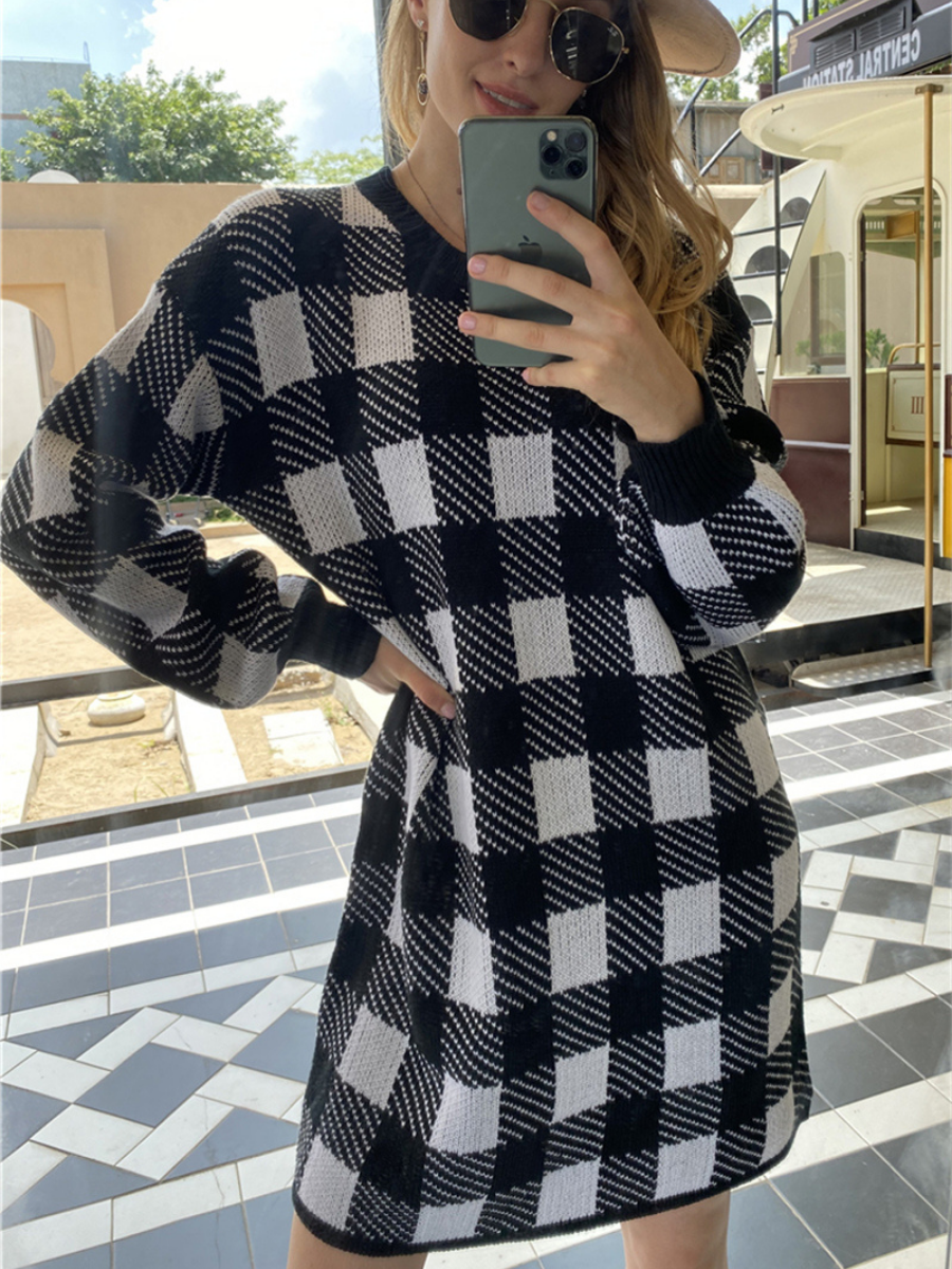 KAITLYN Plaid Knit Dress - Black