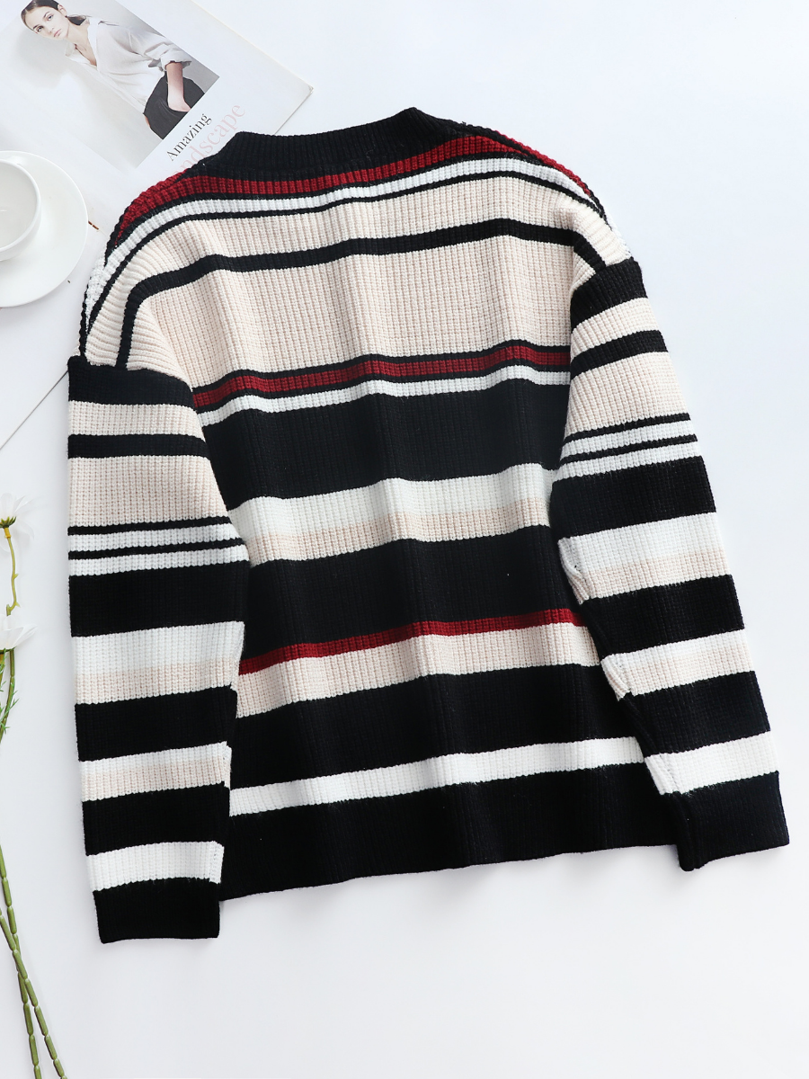 Black White Red Stripe Crew Neck Knit Top
