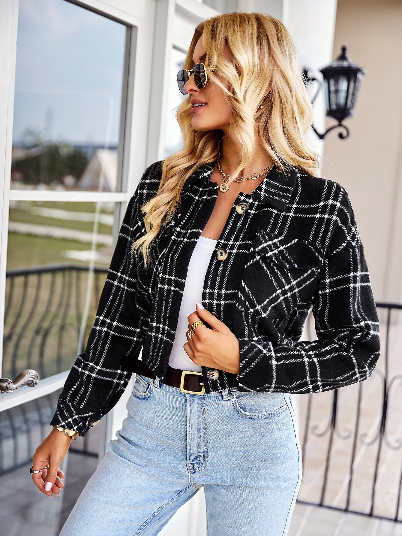 HONEYCOMB PLAID SHACKET - BLACK