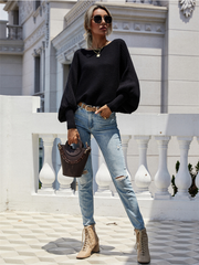 GISELE Lantern Sleeve Tighten Cuff Knit Top - Black