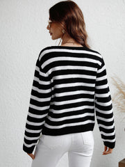 STRIPE POCKET BUTTON UP KNIT CARDIGAN - BLACK