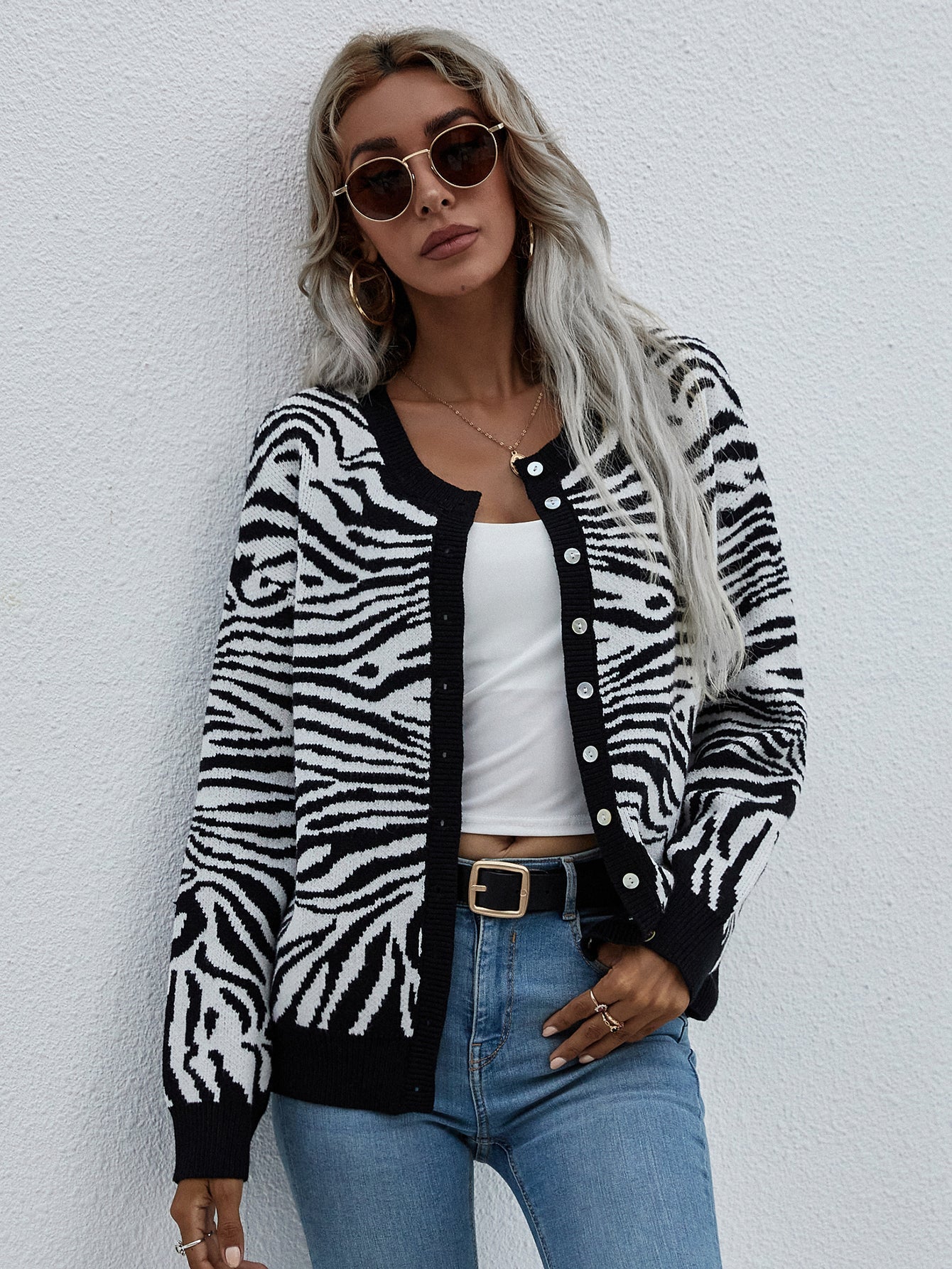 Tiger Year Animal Patterned Knit Cardigan - Black