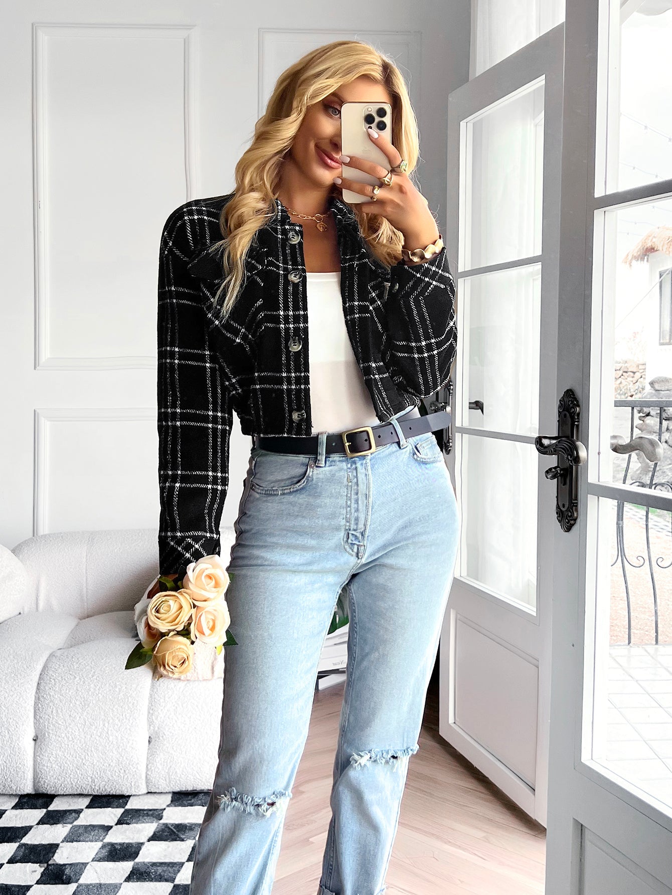 HONEYCOMB PLAID SHACKET - BLACK