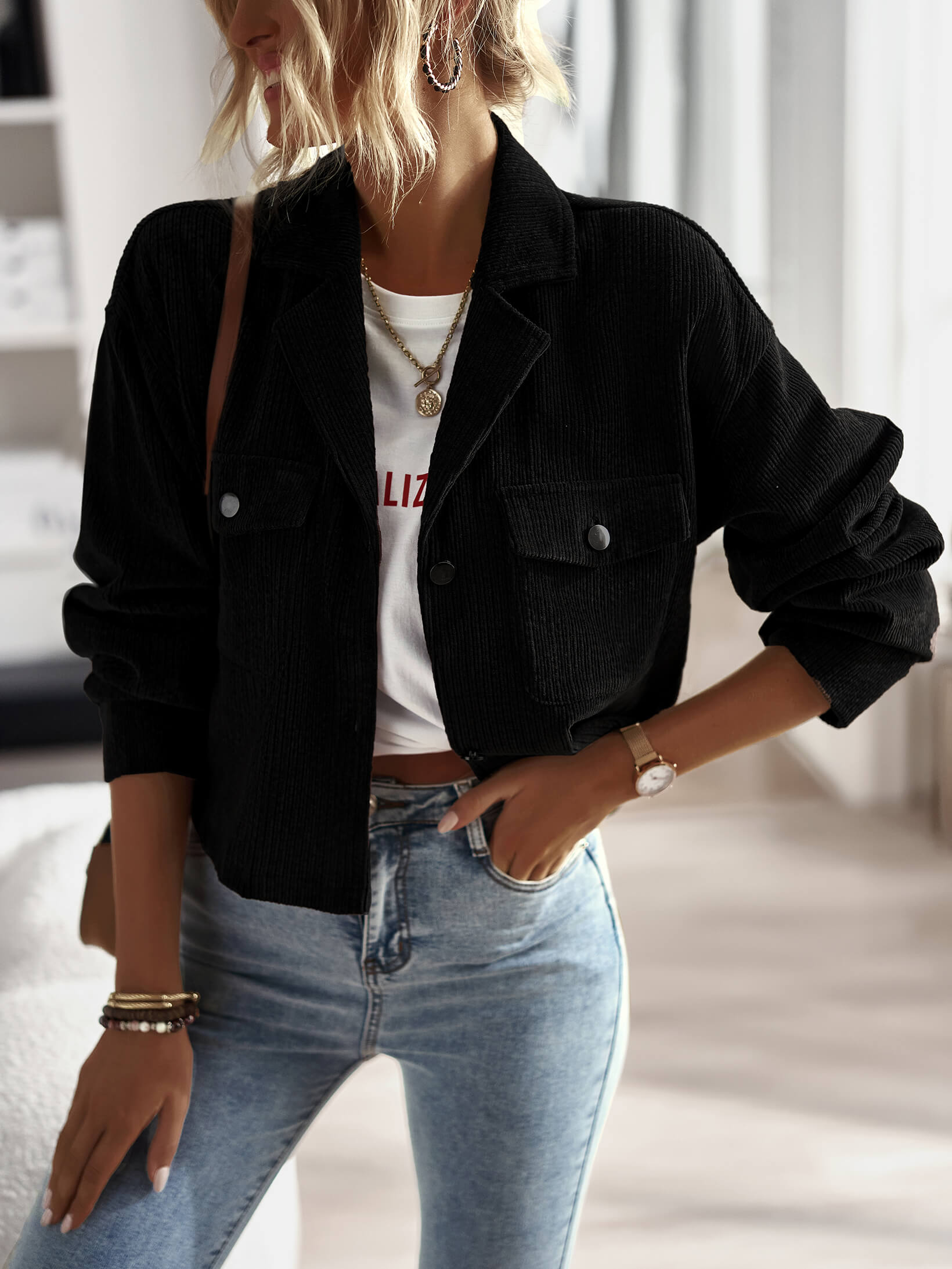 PRESLEY COTTON BLEND SHACKET - BLACK