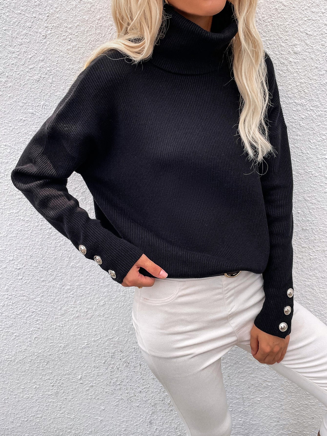 Black Oversized Collar Turtleneck Knit Sweater
