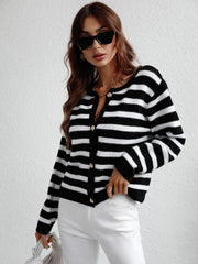 STRIPE POCKET BUTTON UP KNIT CARDIGAN - BLACK