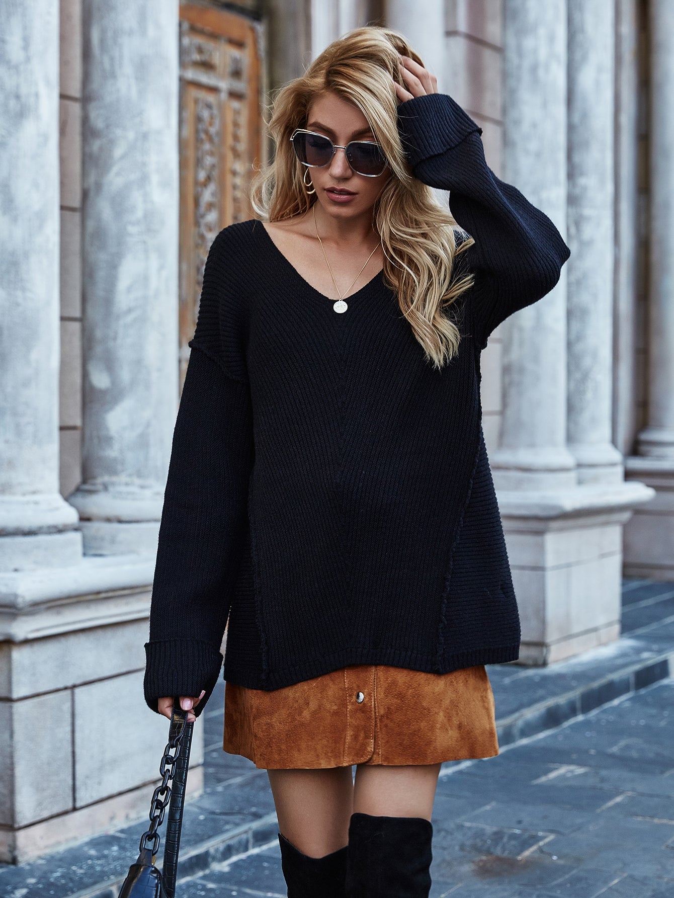 MACHE Low V-Neck Oversize Sleeve Knit Top - Black