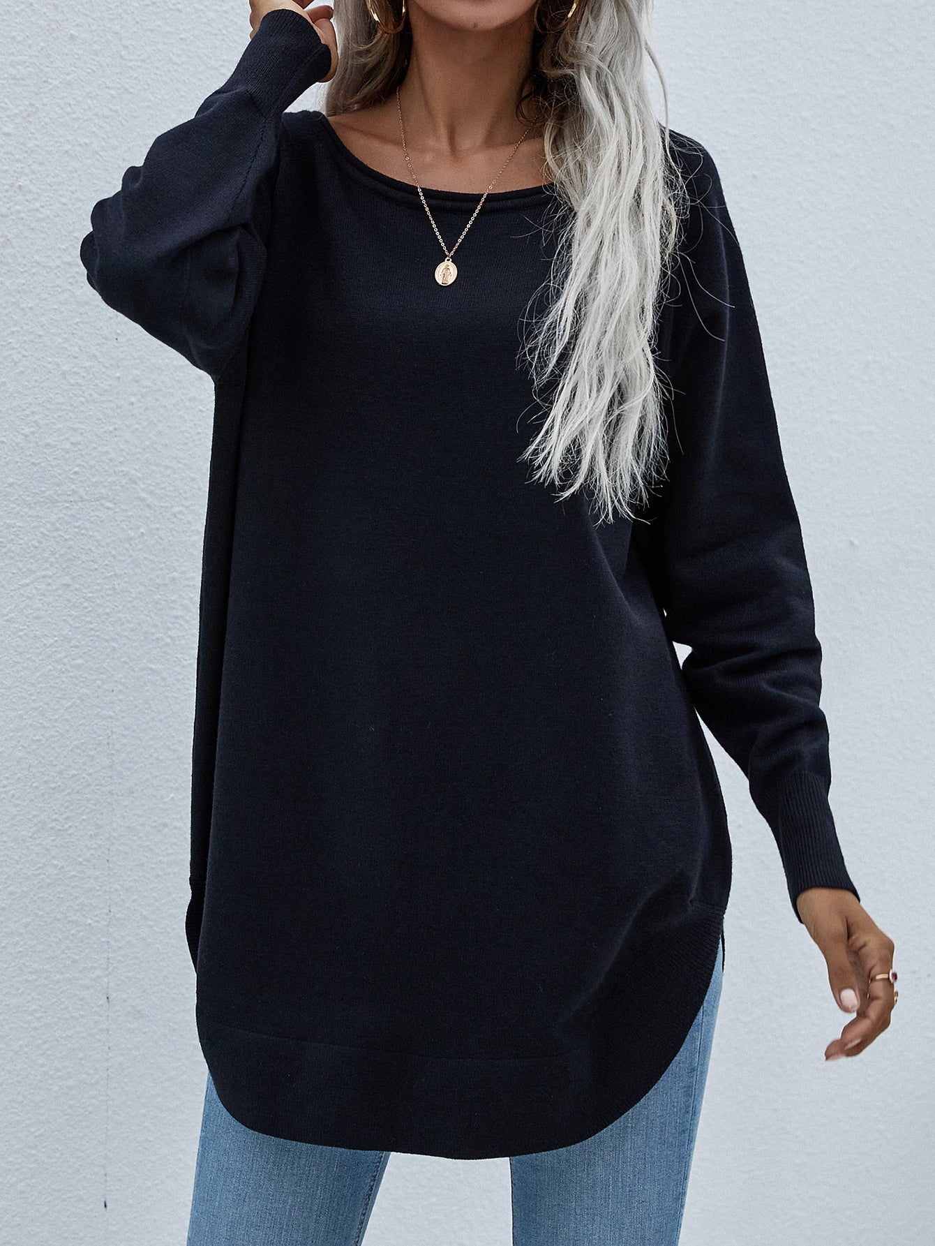 OVERSIZED COLLARED DOWN KNIT SWEATER - BLACK