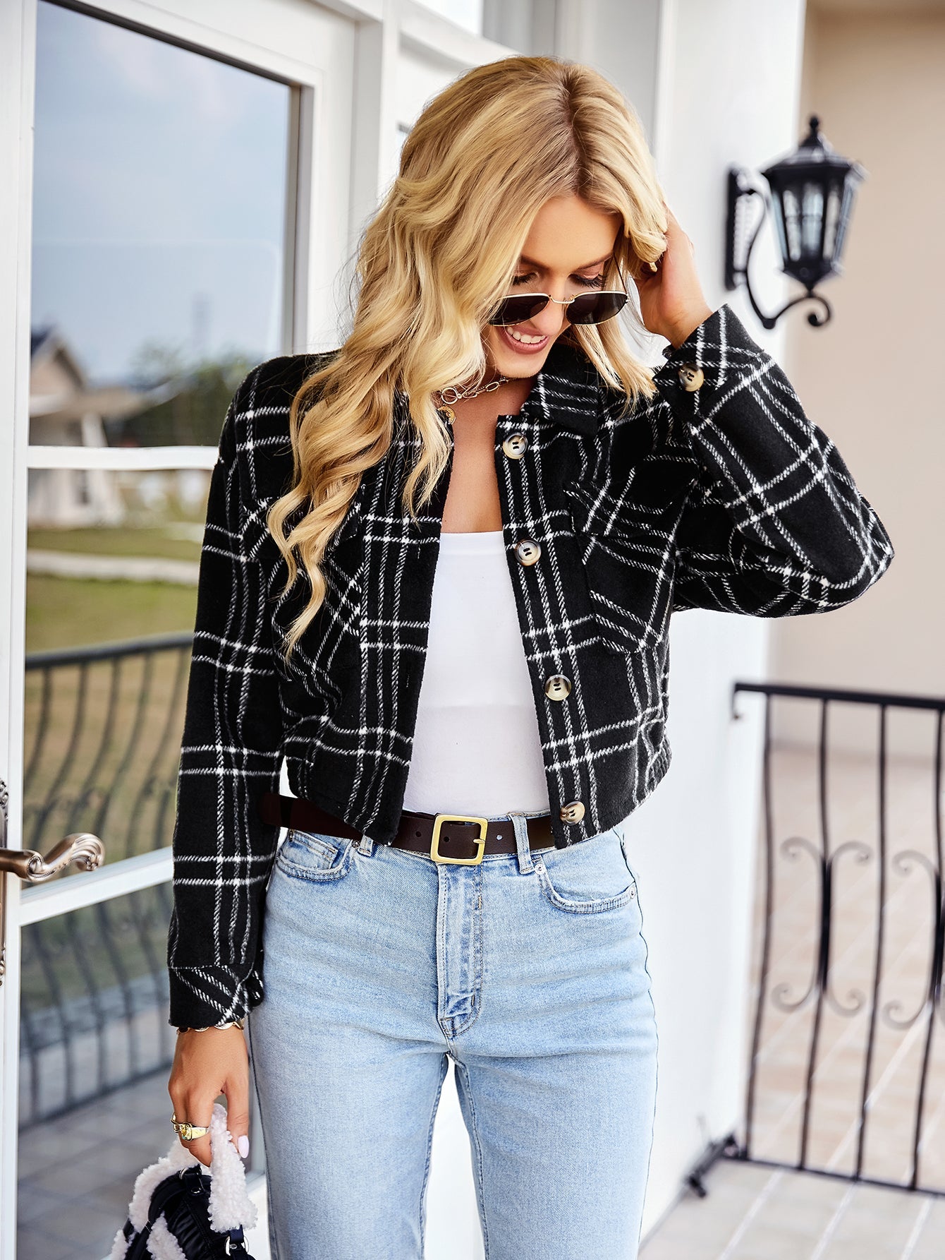 HONEYCOMB PLAID SHACKET - BLACK