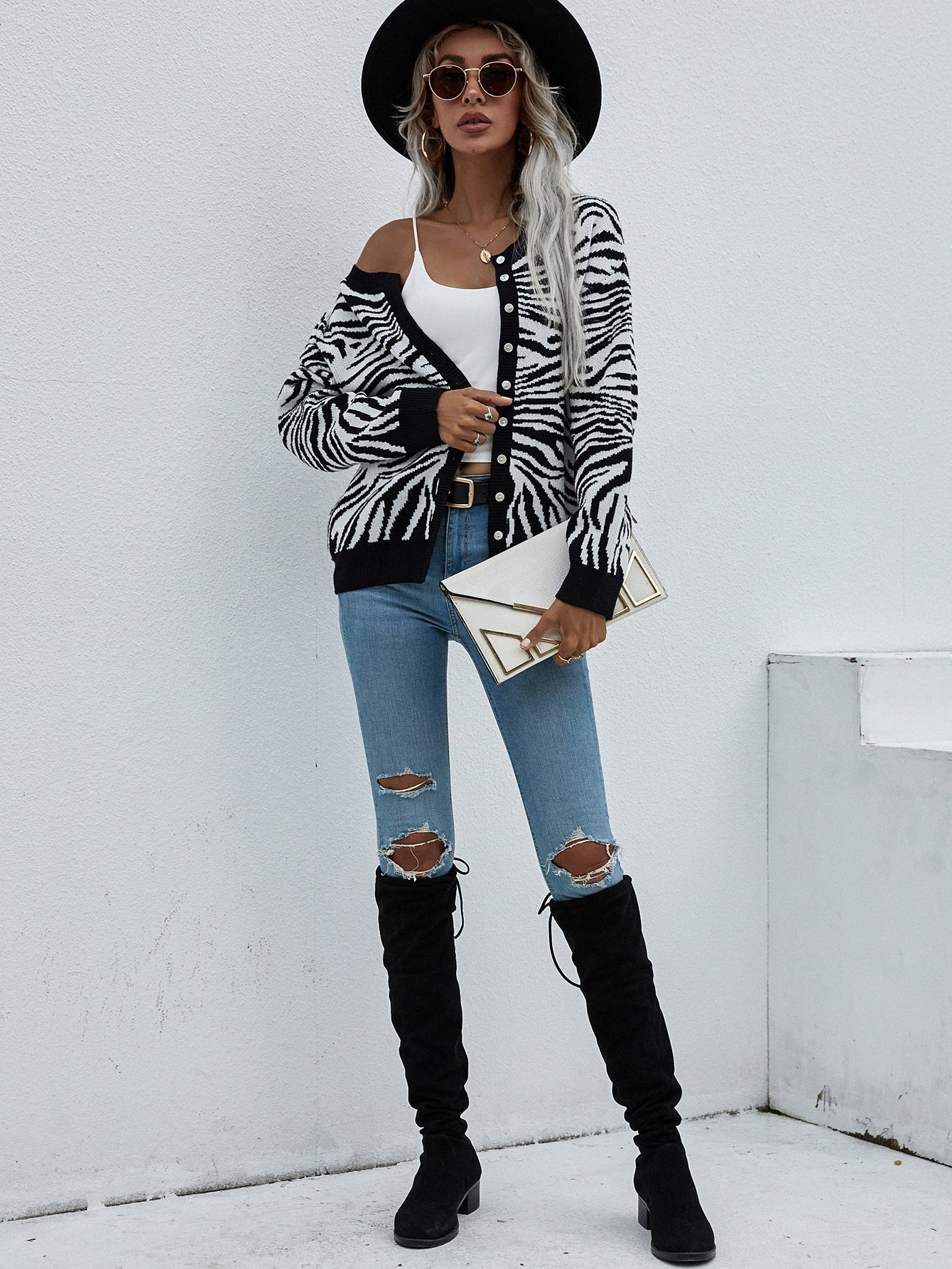Tiger Year Animal Patterned Knit Cardigan - Black
