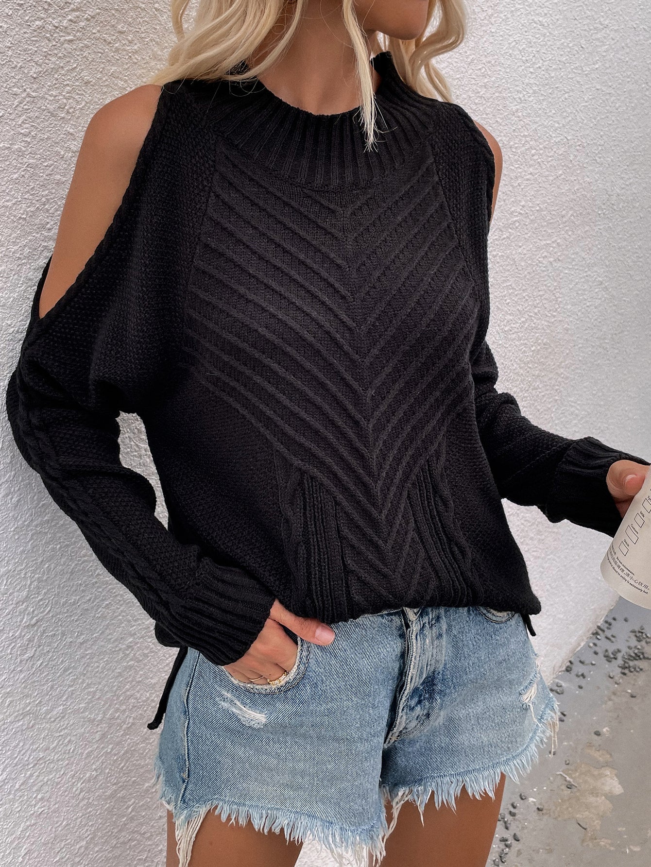 Black Shoulder Cut-Out Knit Sweater
