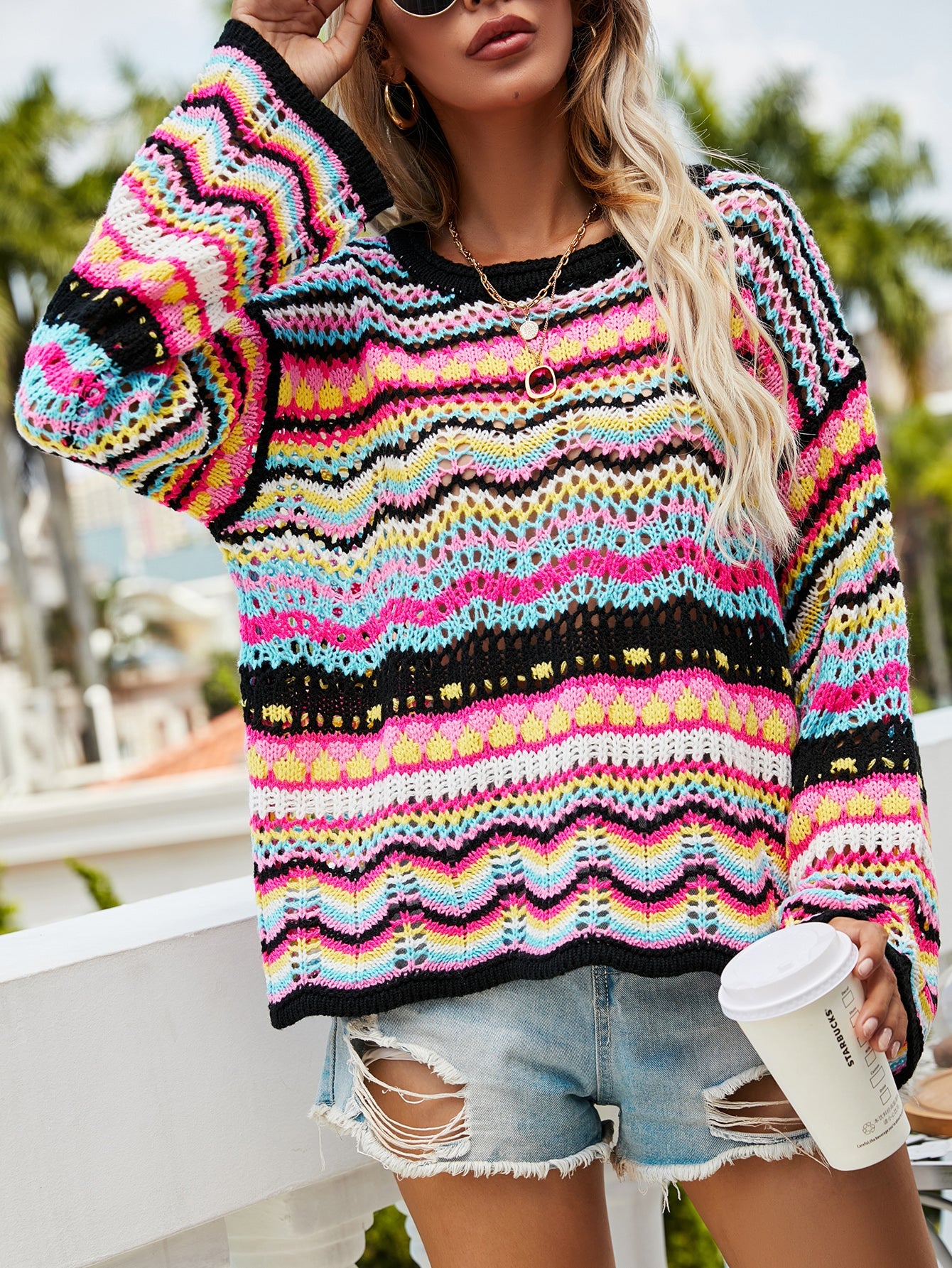 MARMO Zig Zag Crochet Knit Top - Black
