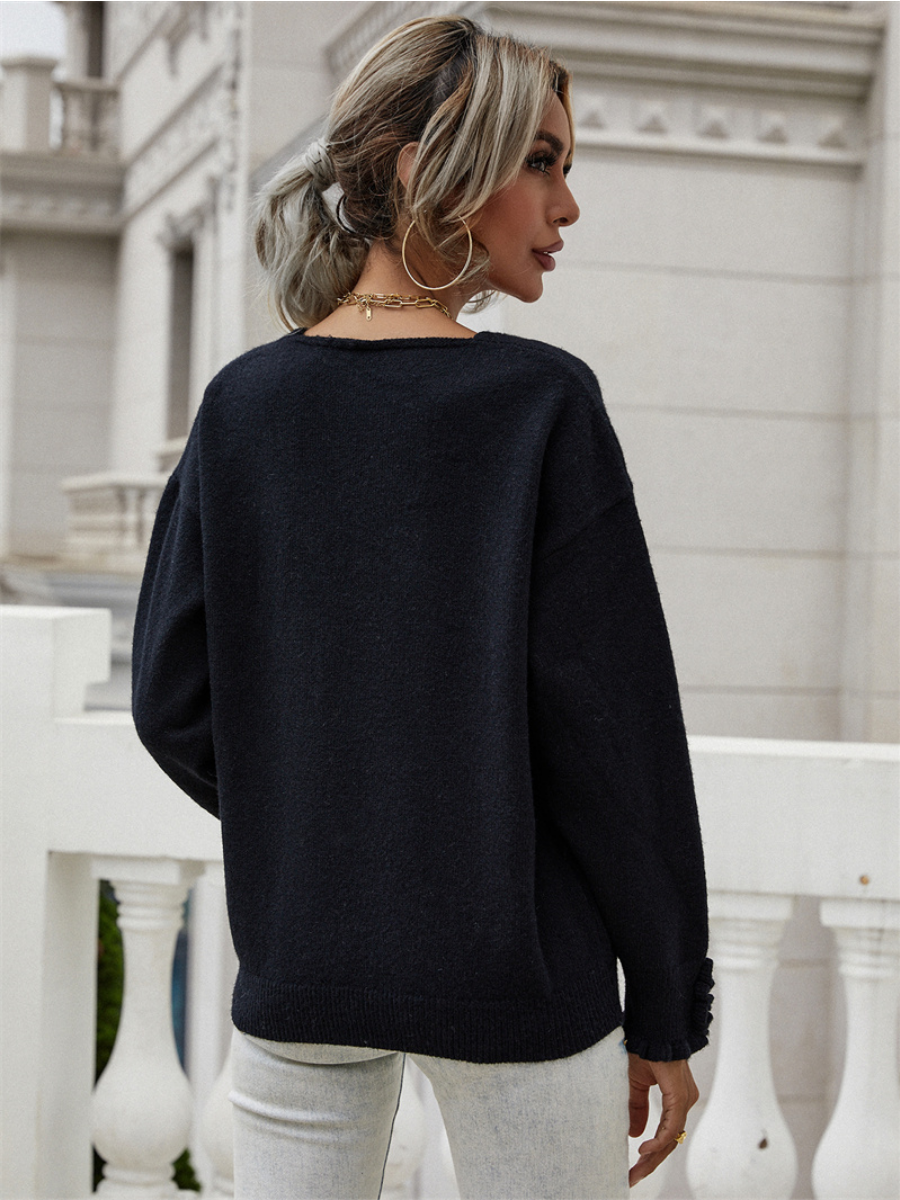 DARIUS Drop Shoulder V-neck Knit Top - Black