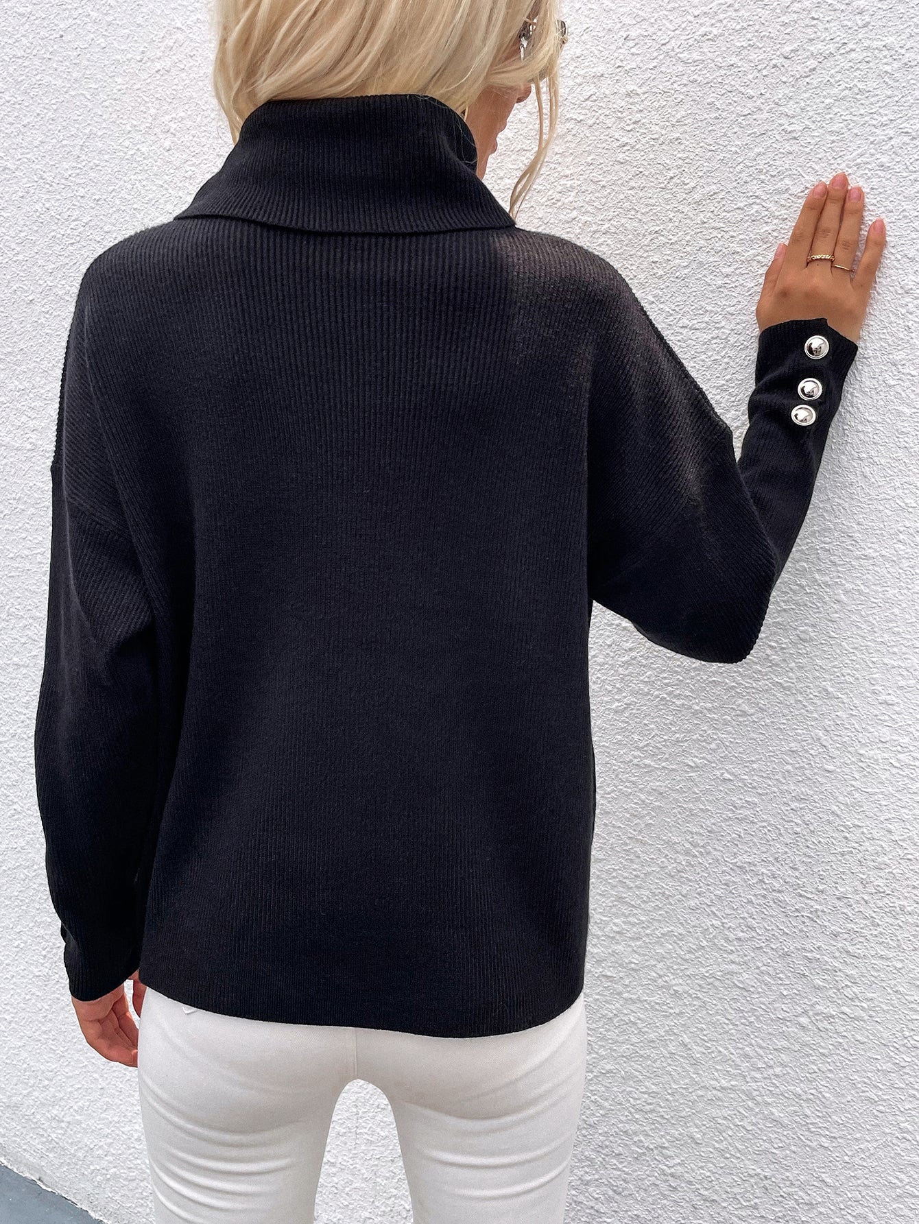 Black Oversized Collar Turtleneck Knit Sweater