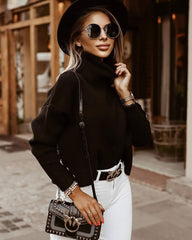 Black Oversized Collar Turtleneck Knit Sweater