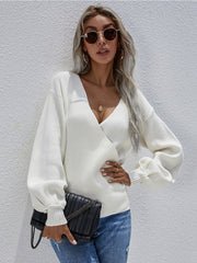 Lantern-Sleeve V-Neck Wrap Knit Top - White