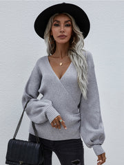 Lantern-Sleeve V-Neck Wrap Knit Top - Grey
